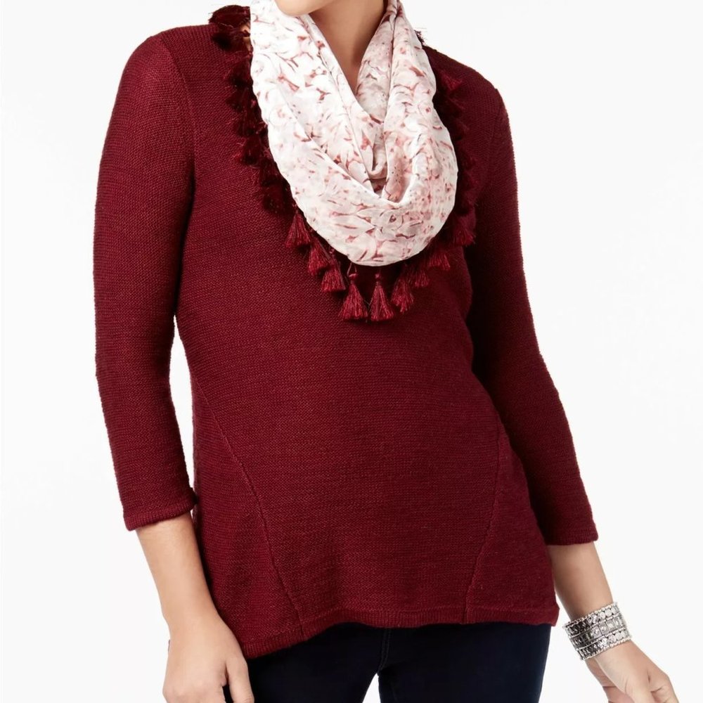 STYLE & CO NWT BURGUNDY RED SOFT SWEATER WITH VELVET SCARF $79.50